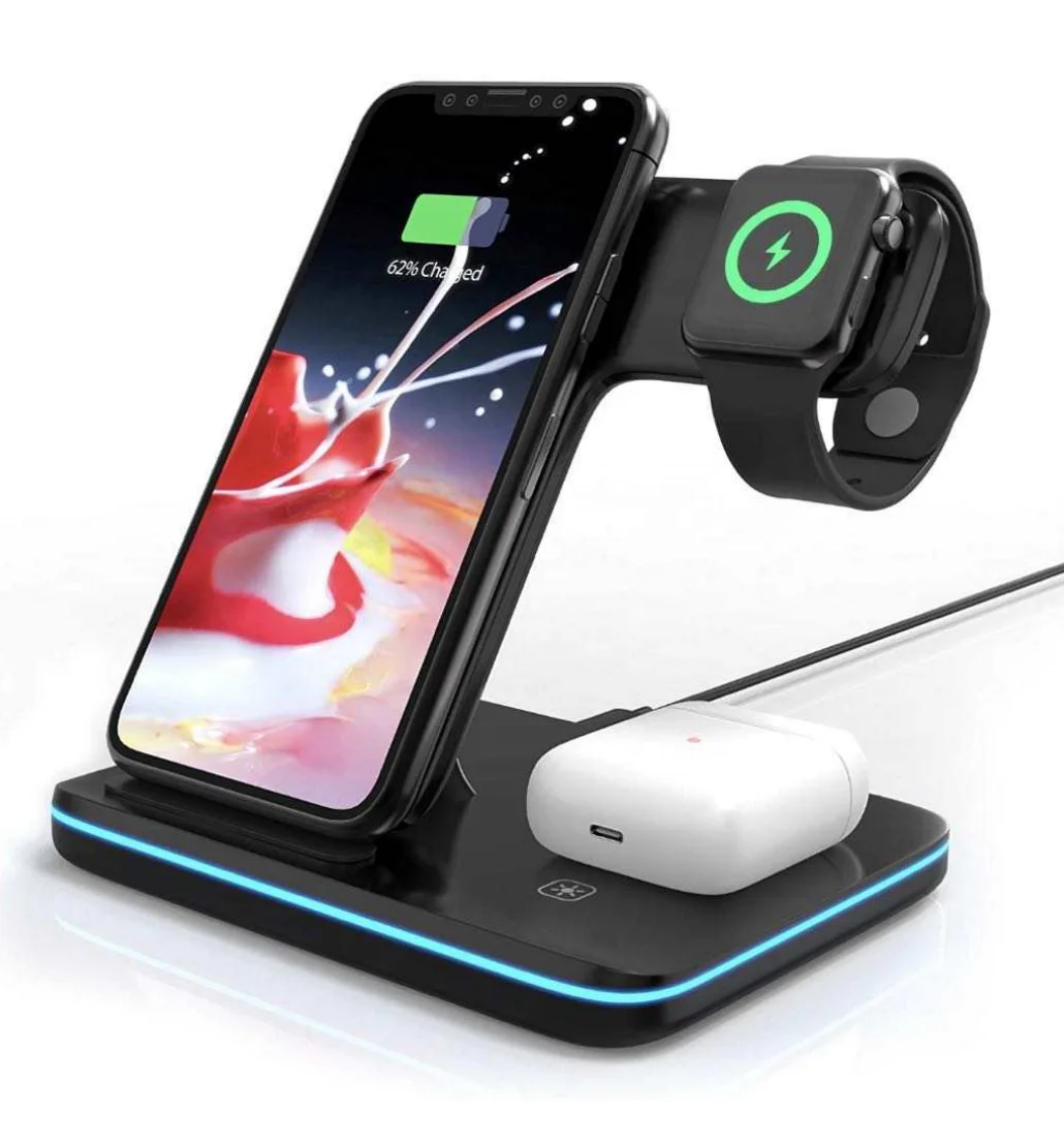 

2021 New products 15W Phone Smart Watch Earphone Qi Wireless Charger Holder 3 in 1 Charger Station, Black/white