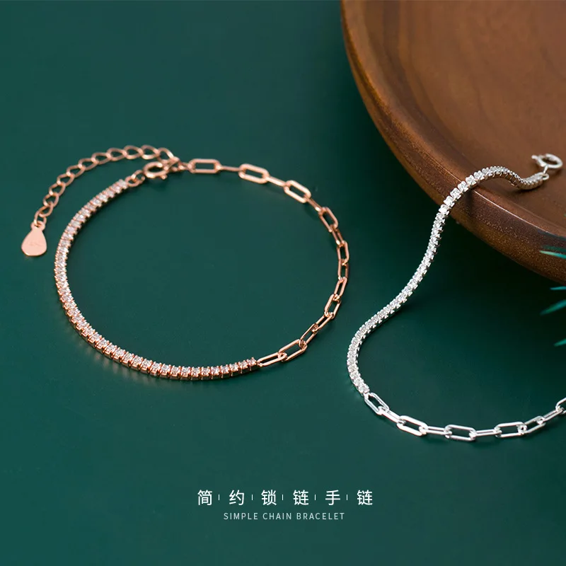 

luxury 18K Rose Gold Plated Shiny CZ Zircon Bracelet Real 925 Sterling Silver Stitching Thick Paperclip Chain Bangle Bracelets