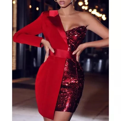 

A3811 Red Sequin Iregualr One Shoulder Long Sleeve V neck fashion summer dress wholesale