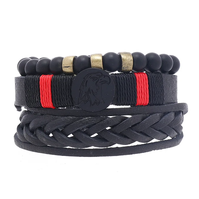 

Hot Sale New Design Leather Pu Men's Bead Bracelet Bangle Fashion Jewelry Set Bracelets
