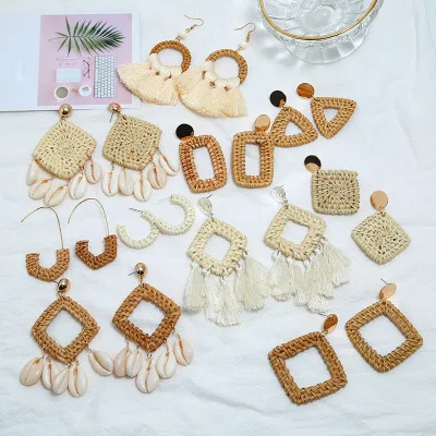 

Bohemian Handmade Woven Square Rattan Cowrie Shell Drop Earrings Geometric Round Triangle Rattan Tassel Earrings
