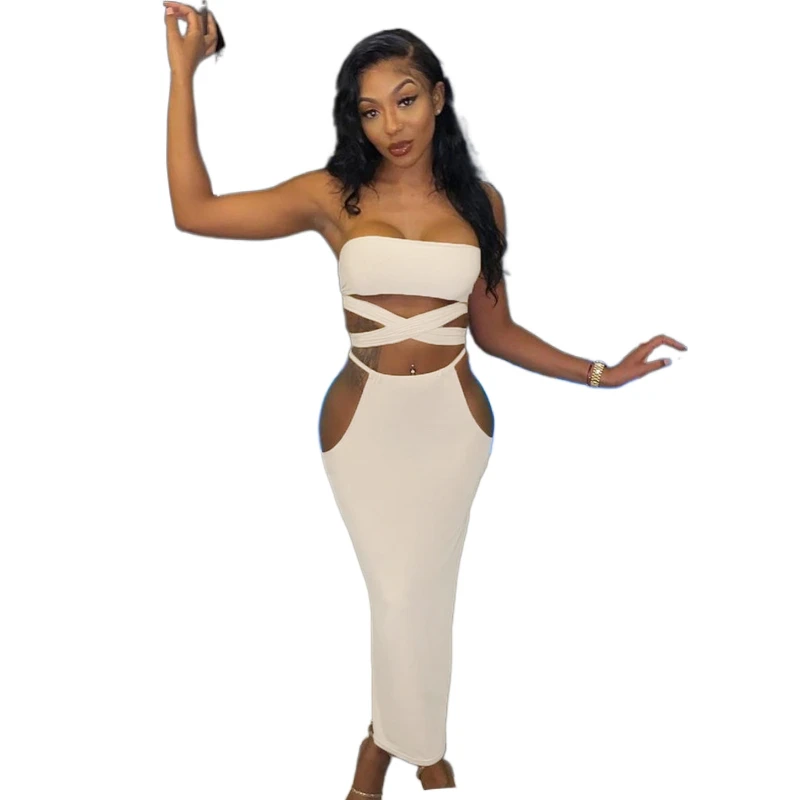 

TOB mini sexy club clothes solid color ladies nightclub dress DJ strapless bra bandage cross bag hip long skirt two-piece suit, White, beige, brown, black, pink