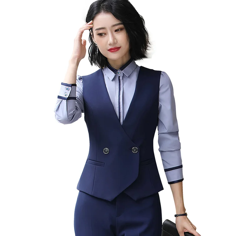 

Wholesaler Dropship 2 Piece Set Formal Blue Vest Pant Suit Women Sleeveless Jacket Office Lady Business Wear, Blue, black