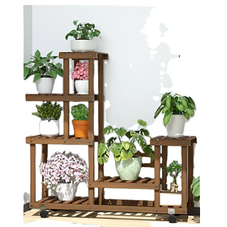

K&B home decor factory wholesale cheap solid wood flower pot stand with wheel, As picture