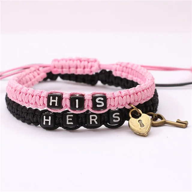 

Handmade Waterproof Rope Woven Lock Key Resin His Hers Beads Charms Couples Bracelets, White,black,red,pink,wine red