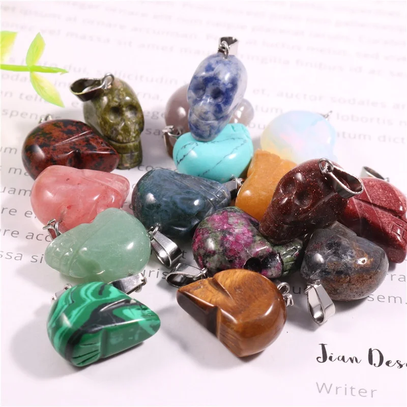 

Natural chakra hand carved crystal Reiki Healing skull angel animal charm stone pendant wholesale handmade for men, Mixed colors