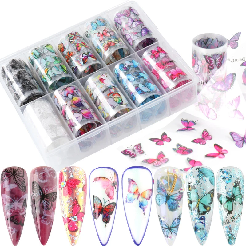 

10 Designs/Box Nail Art Transfer Foils Nail Sticker Tip Decal Decoration Design DIY Butterfly Flower Manicure Tools