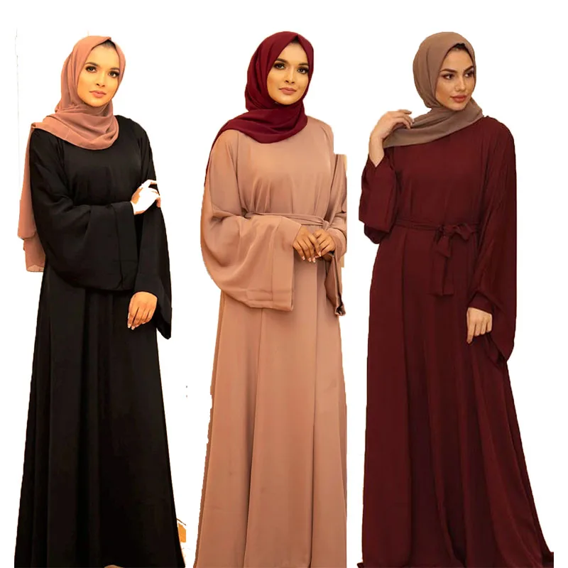 Customized Dubai Middle East Women's Traditional Muslim Dress-Solid Floor-Length Abaya Large Lace-Up Made Chiffon Natural Hot