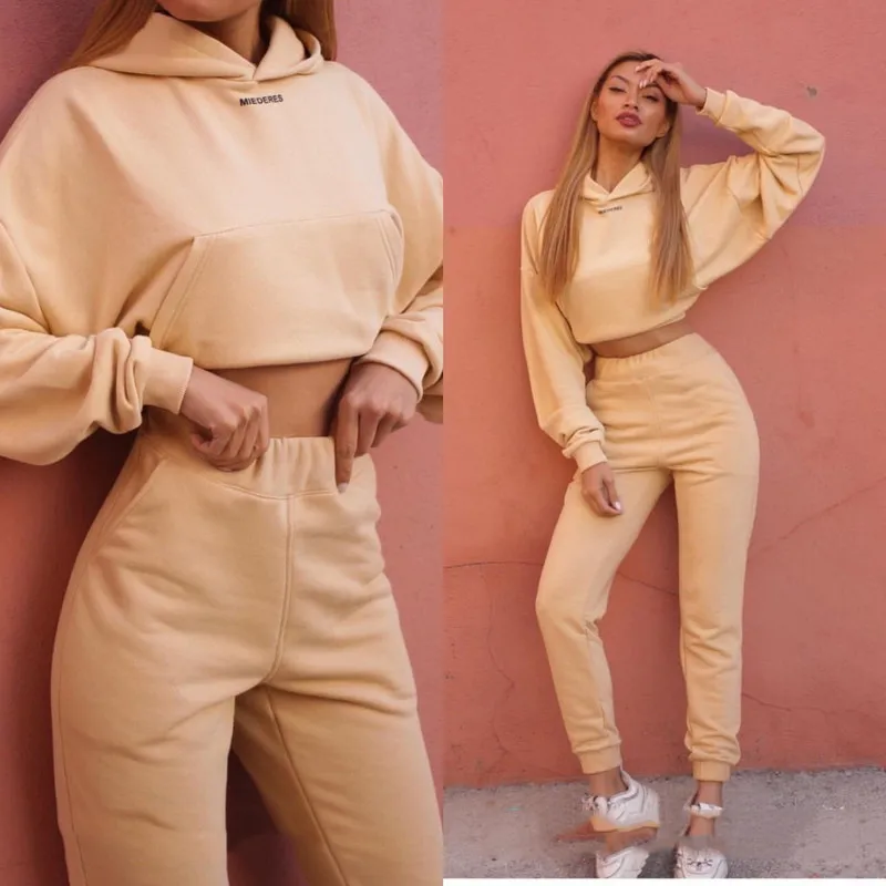 

New Fall Sexy Crop Top Sweatshirt Fashion Hooded Tracksuit Women Out Door Running Gym Sportswear Set, As picture