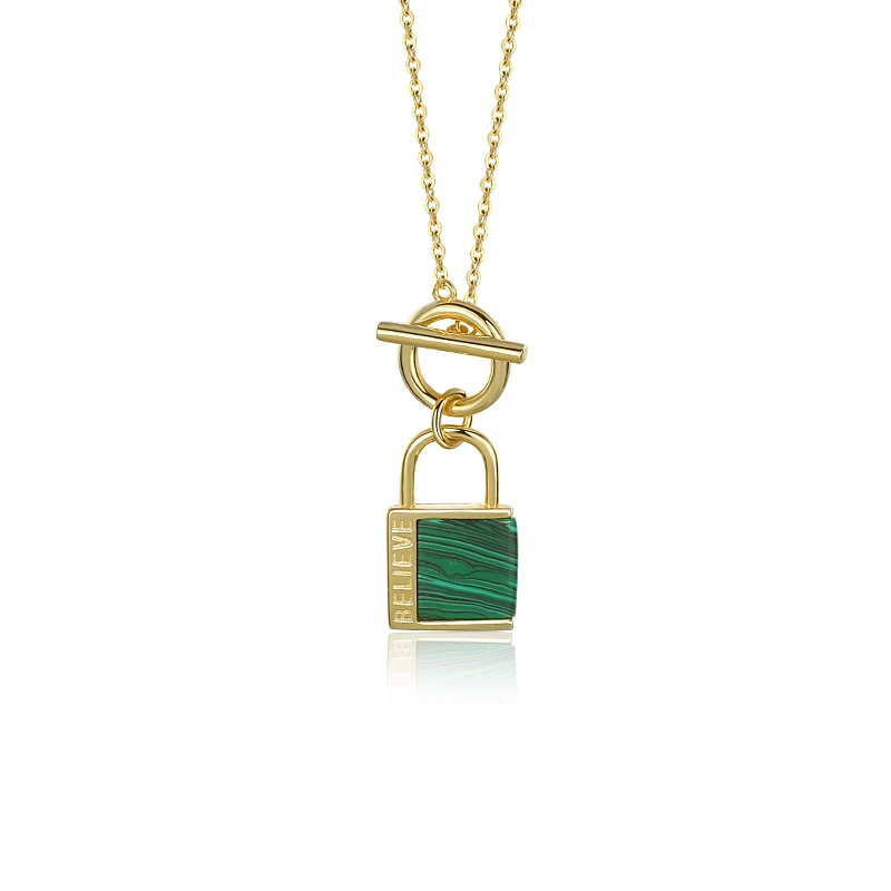 

Damila Original Design Necklace Jewelry Toggle Clasp Locks 18K Agate Malachite Stone Lock Pendant Necklace Women, 18k gold color