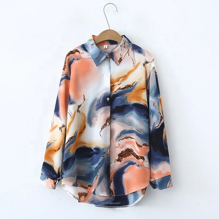 

Spring Fall New Vintage Tie-dye Design Sense Of High-end Foreign French Satin Blouse Woman