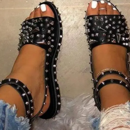 

Sandals women 2021 summer new style rhinestone rivet strap flat heel plus size ladies sandals