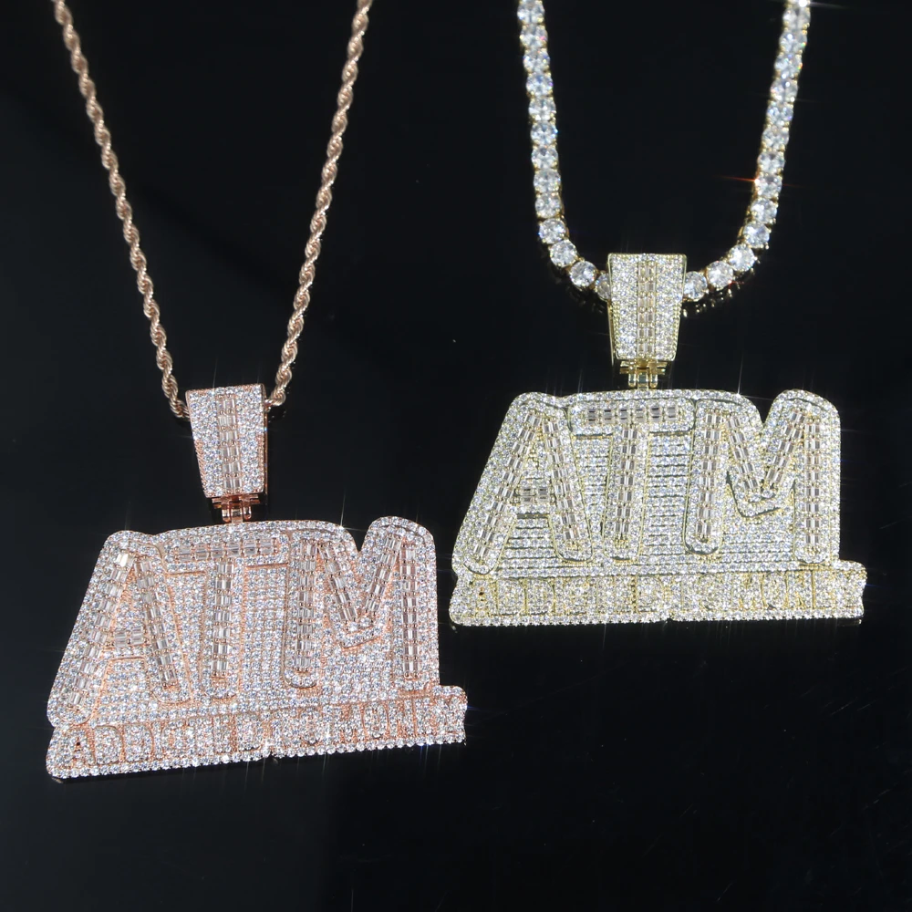 

2021 high quality sparking diamond bling hip hop men jewelry rectangle cz ATM addicted to money pendant necklace