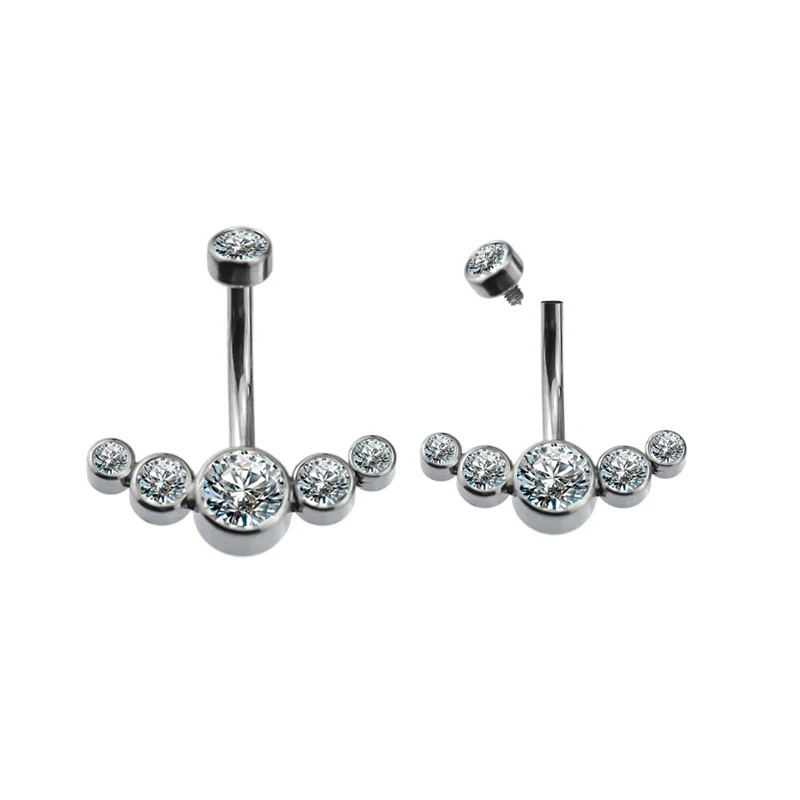

Women Belly Button Ring Piercing Titanium jewelry Bezel Set 5-CZ Stone Cluster Internally Threaded Navel Curves