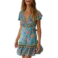 

Women's Summer Wrap V Neck Bohemian Floral Print Ruffles Swing A Line Beach Mini Dress