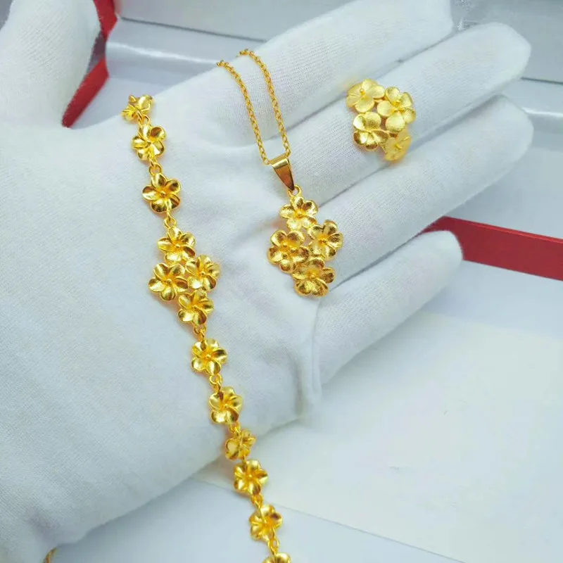 

Vietnam Sand Gold Jewelry Brass Gold Plated Jewelry Flower Bracelet Pendant Ring Ladies Three Piece Wholesale