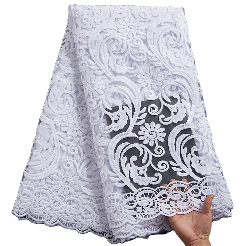 

2359 Pure White African Milk Lace Fabric With Sequins Nigerian Embroidery Tulle Net Lace African Wedding Lace Fabric, Shown
