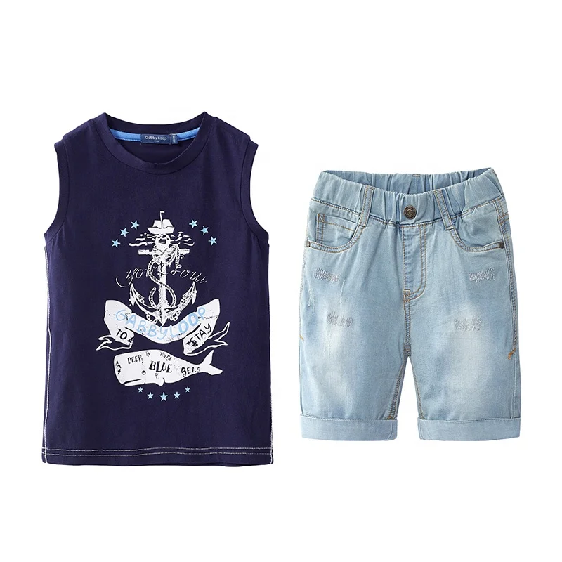 

Gabby Loop Kids British Style Printing Sleeveless T-Shirt And Short Set Denim Blue Jean Shorts Children Clothing Sets For Boys, Picture shows