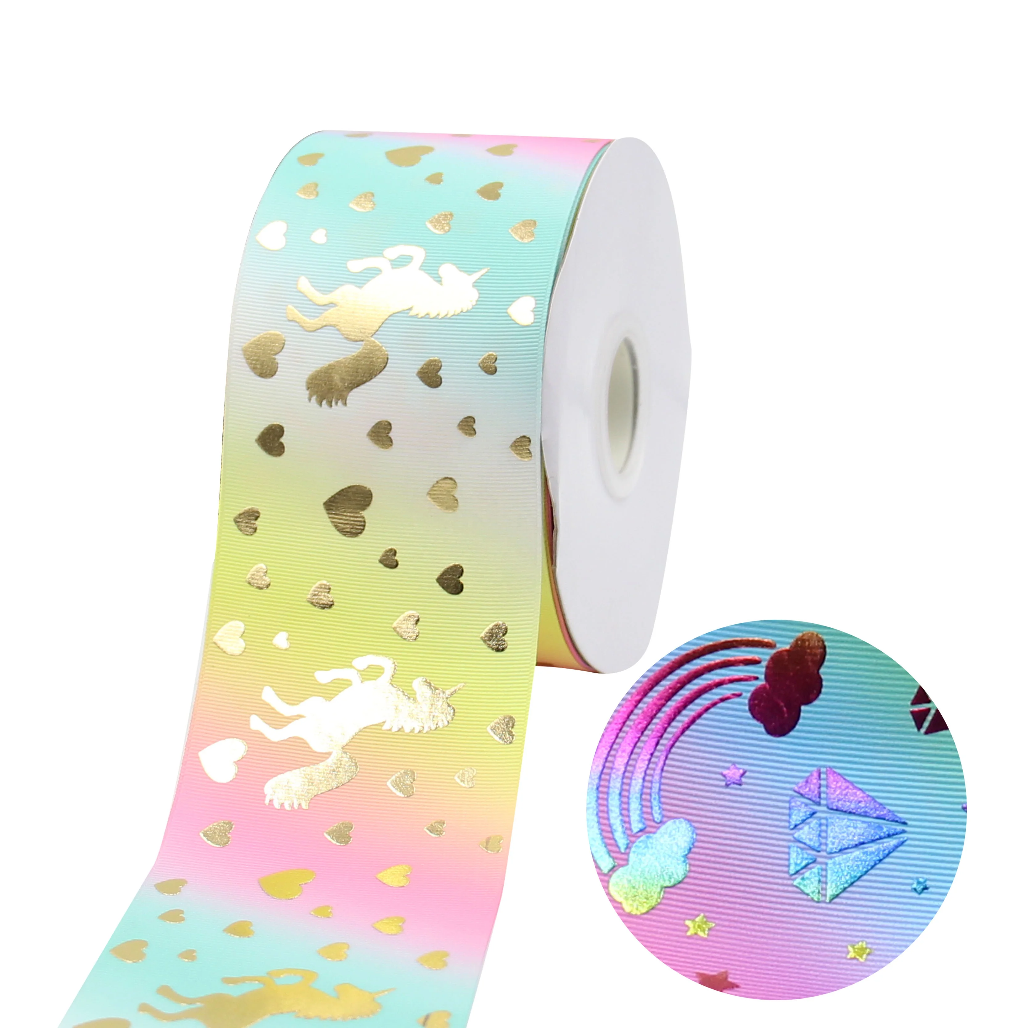 

Summer Colour 75 mm Gold Foil Heat Transfer Hologram Printed Ribbon For Hair Bow