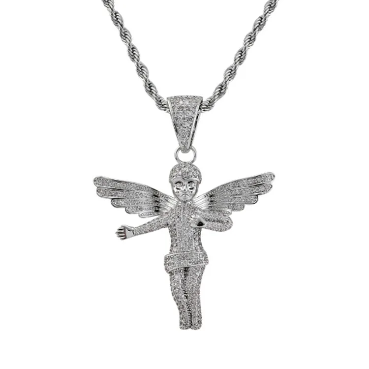 

Hiphop Jewelry Full CZ Copper Gold Plated Jewelry guardian crystal angel wings necklace