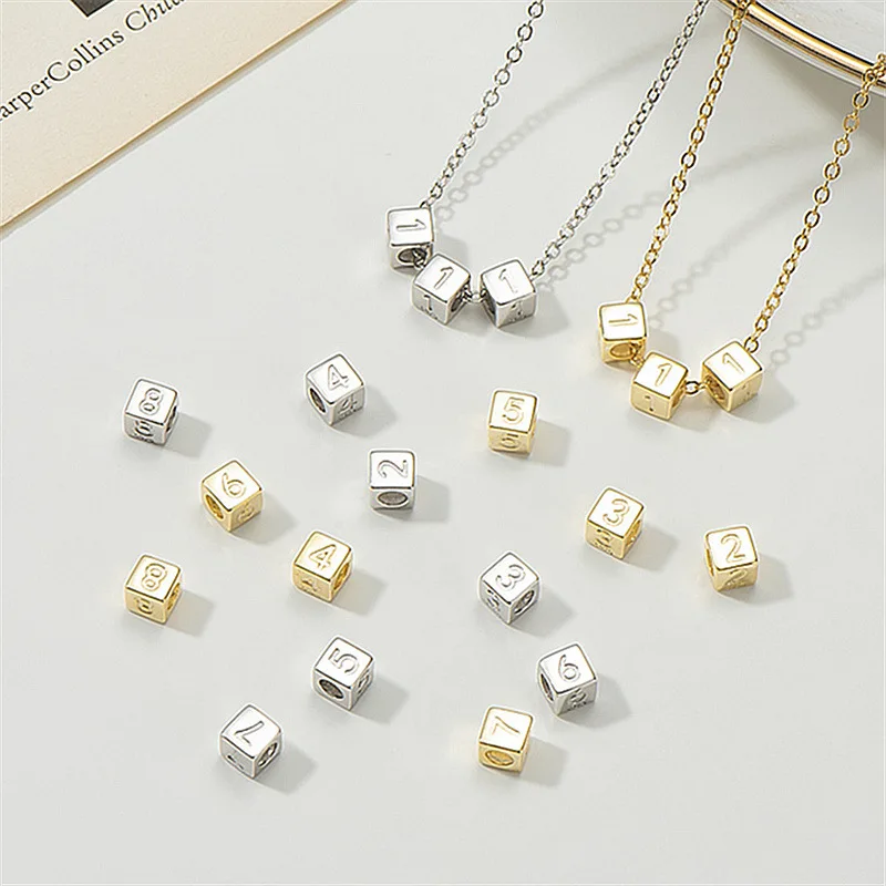 

925 Sterling Silver Arabic Digital 1-9 Number Engraved Cube Bead Charm Pendant For Necklace Bracelet