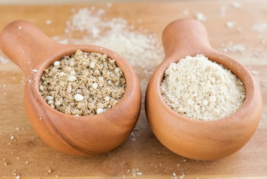 Chef's hand measuring garlic powder into a spoon with fresh garlic cloves nearby for visual comparison