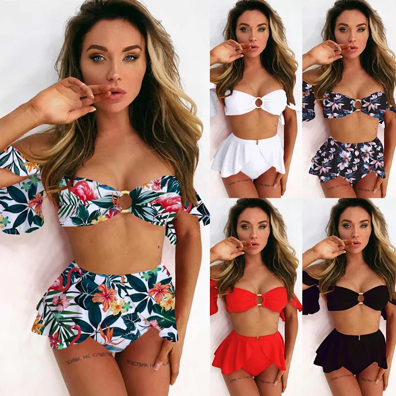 

2021 cross border wholesale Amazon seller new three-piece bikini with sexy print ruffled removable adjustable swimwear, 5 color