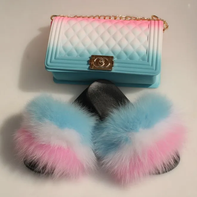 

Women Shoes Fur Slide And Jelly Purse Set Extra Fluffy Fuzzy Slippers With Purses Furry Sandals And Handbags