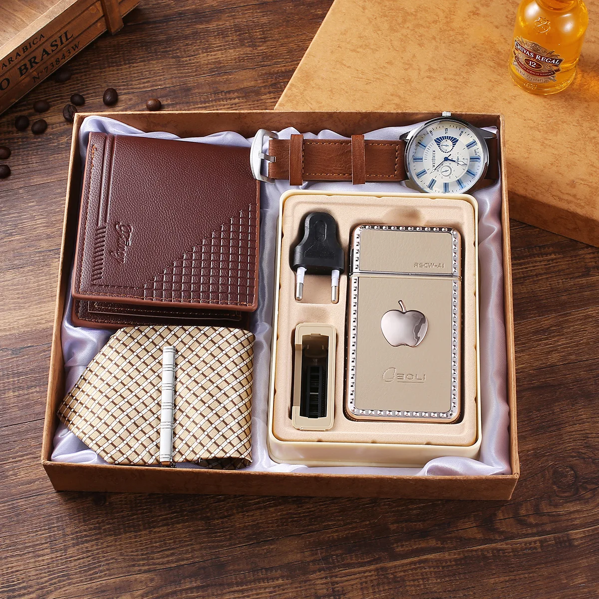 

High quality fashion festvial men gift 4pcs sets leather wallet tie box packing Shaver bands custom logo wristwatch