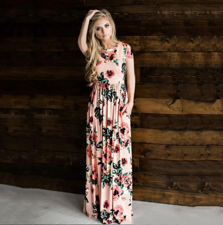 

Women's Spring Floral Printed Dress Short Sleeve Maxi Dress With Poesscket, 4 colors