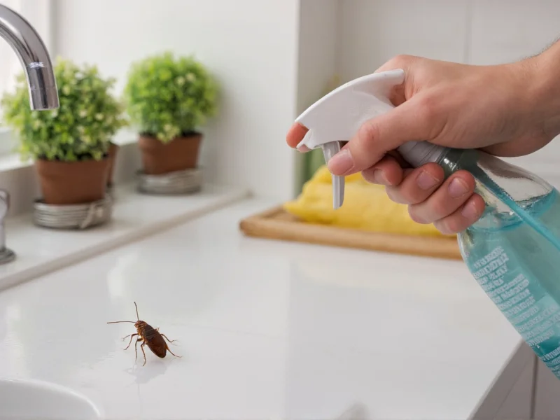 Hand spraying soapy water on cockroach in kitchen