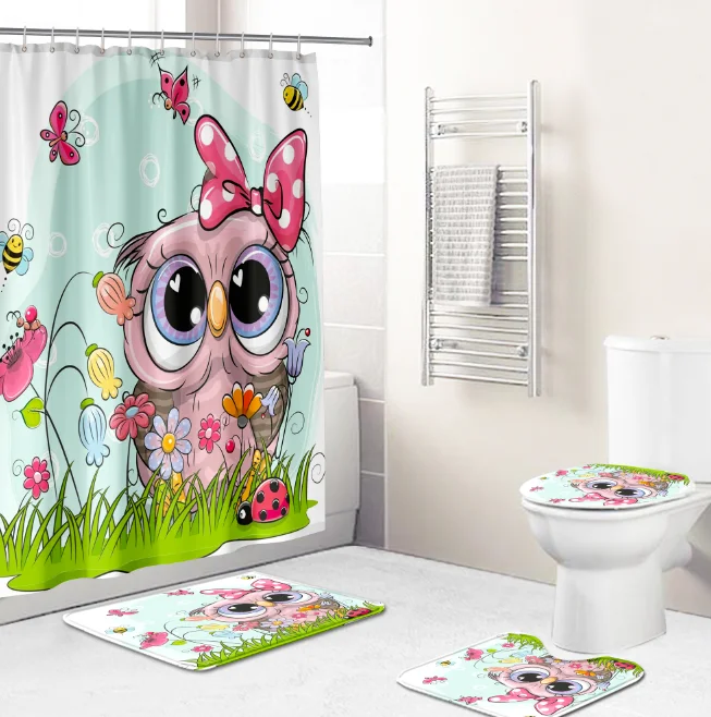 

3D printed cartoon owl bathroom Shower curtain and rugs set 100%waterproof durable luxury shower curtain