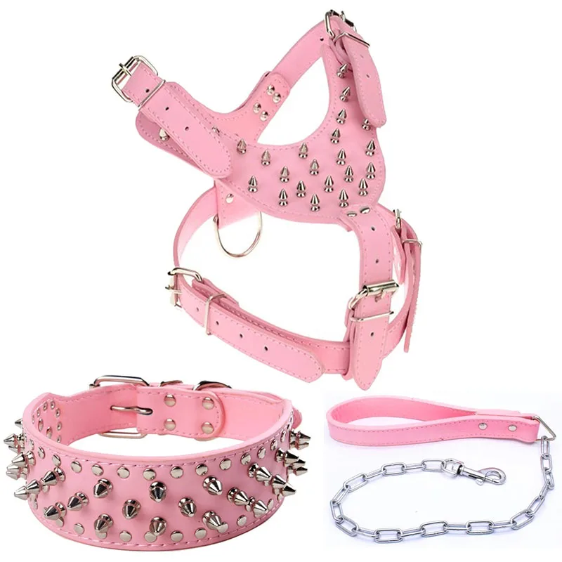 

Rock dog PU Leather Adjustable Spiked Studded punk dog harness leash collar set, 7 colours