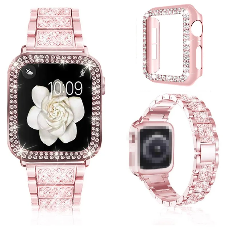 

Stainless Steel Metal Watch Band Case for iwatch 44mm 40mm 38mm 42mm Diamond Chain Bracelet for Apple Watch Strap, Black, silver, rose gold, gold