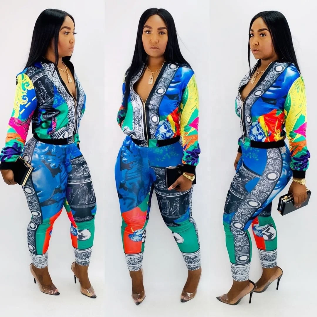 

MT15-1952 hotsale women night club clothes longsleeves lady two piece set printed casual 2 piece set fall clothing