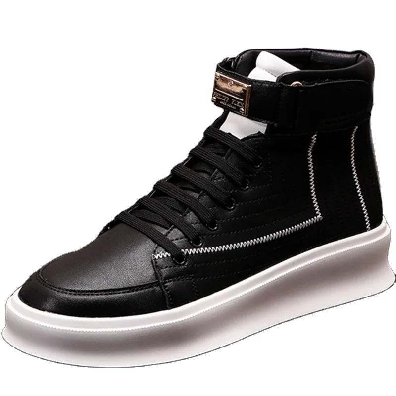 

2021 White Black Leather Men High Tops Punk Sneakers Hip Hop Skateboard flats Height Increasing Platform Shoes Zapatillas Hombre