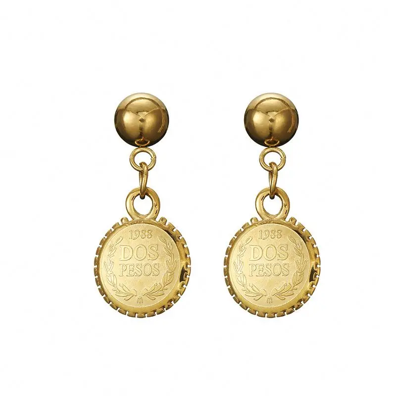 

Ladies Vintage Design 14K Gold Plated Stainless Steel Pesos Coin Matt Pendant Earrings