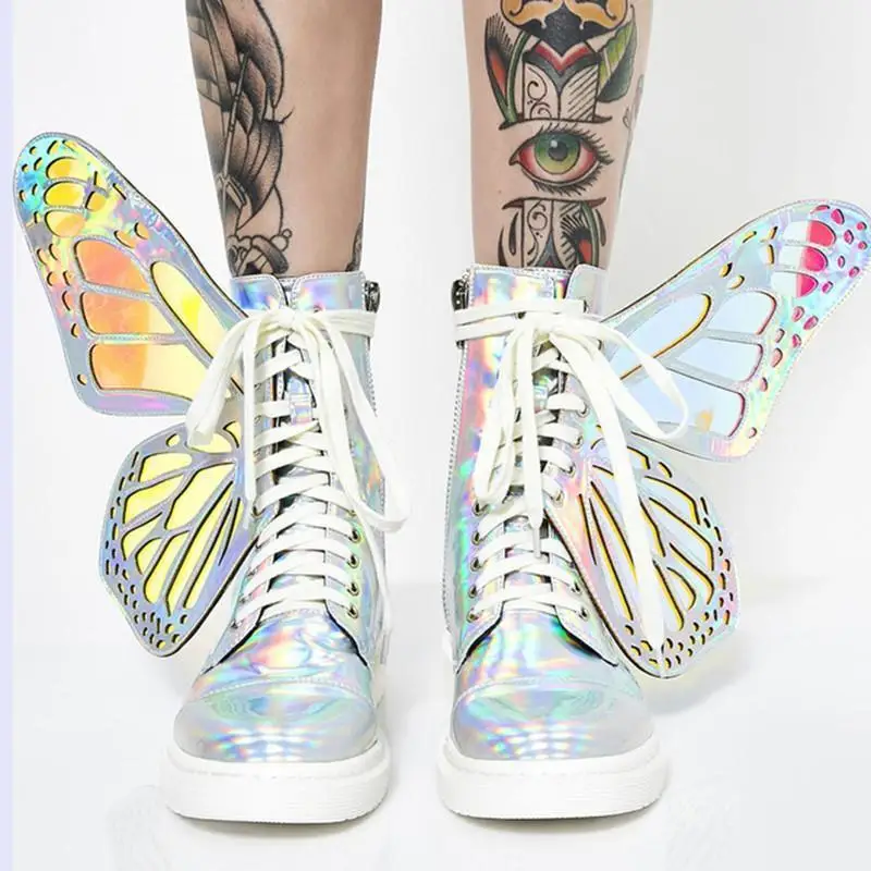 

2021 latest flat unique fashion flash rainbow colors with shoulder straps butterfly wings winter fall ladies boots lowest price, Custom