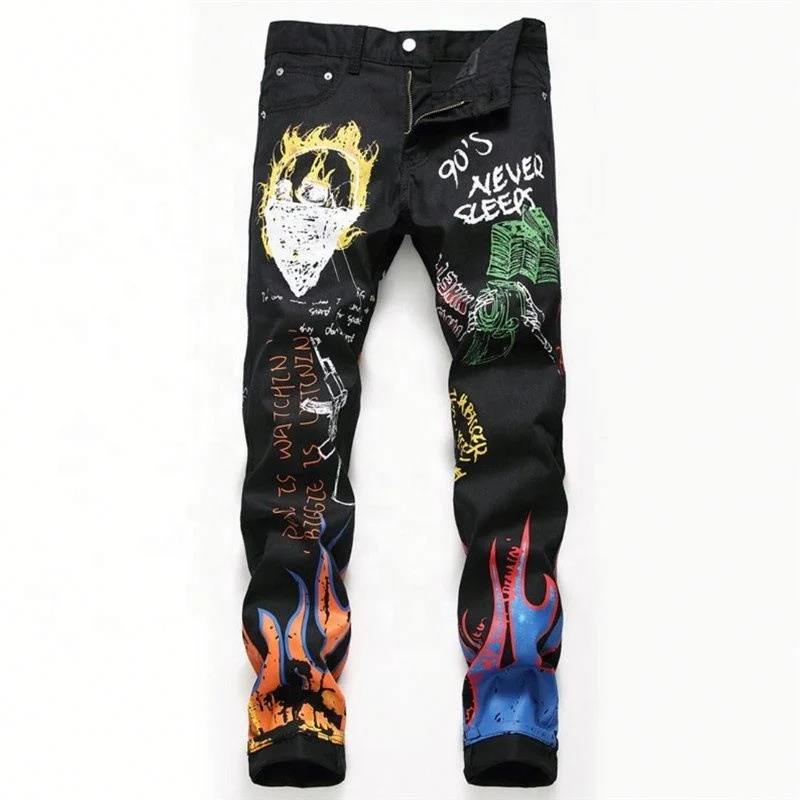 

Jhcentury Letter Printing Trendy Casual Jeans Small Straight Pants For Men, Black