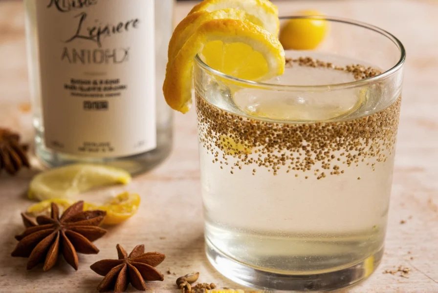 Clear glass bottle of anise liqueur next to a glass showing the louching effect when water is added, with anise seeds and citrus garnish