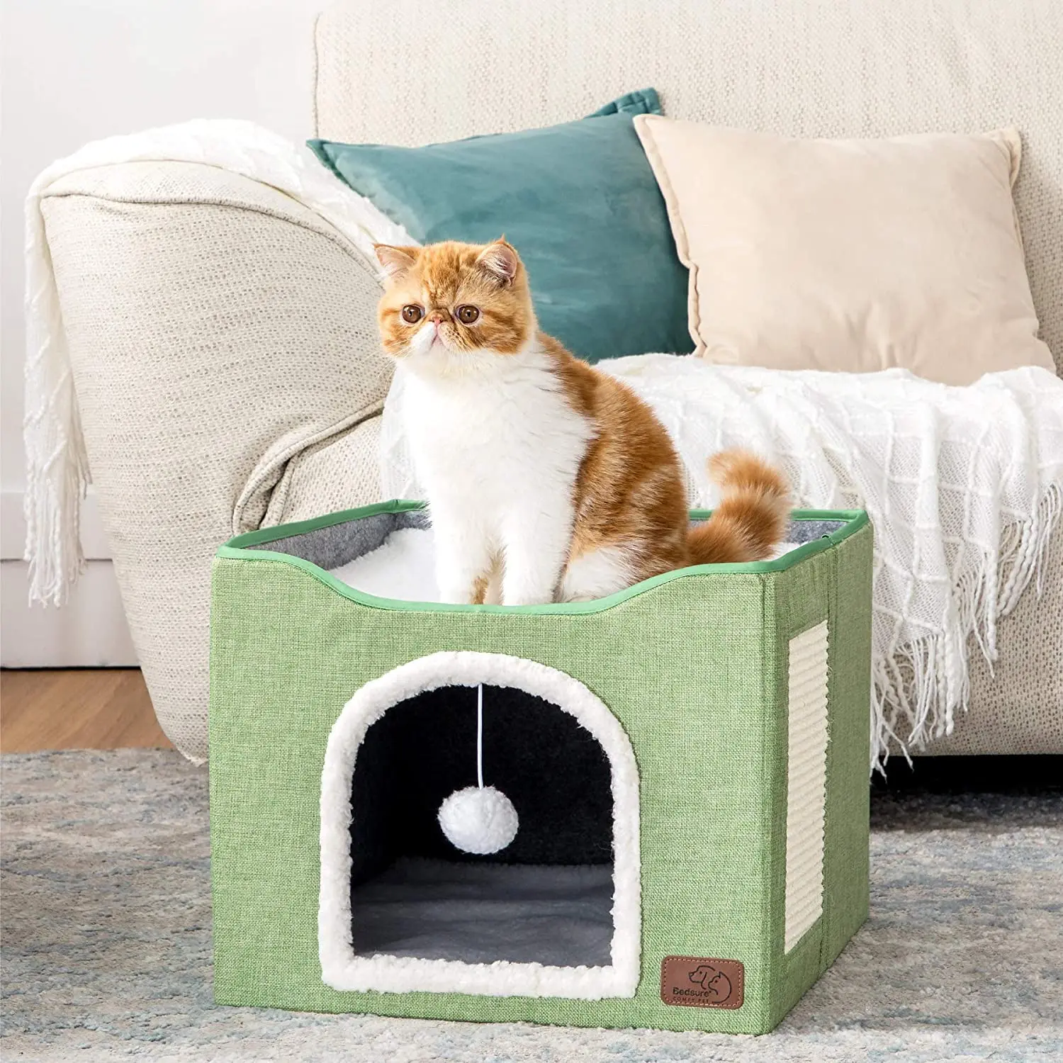

Cat House Cat Beds with Fluffy Ball Hanging and Scratch Pad Foldable Cat Bed