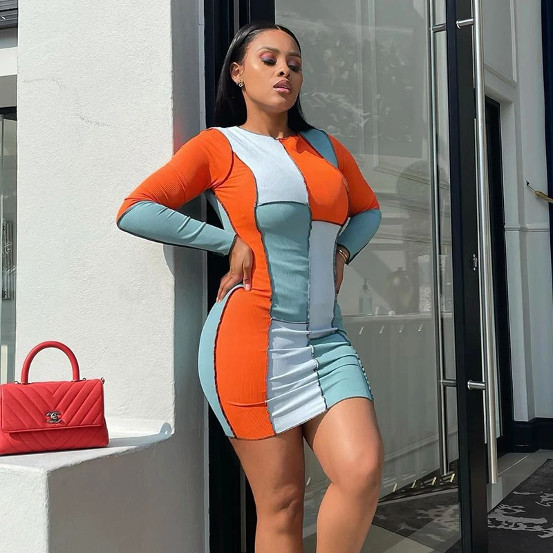 

Bomblook X21DS441 2021 Casual Long Sleeve O-Neck Slimming Fashion Colorful Streetwear Mini Dresses Women