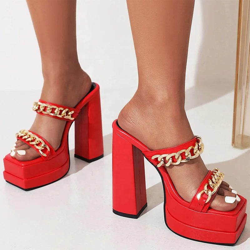 

Custom Made Summer Gladiators Thick Heels Shoes Sandals for Women Metal Chain Square Toe Platform Shoes Size 43, Black white red