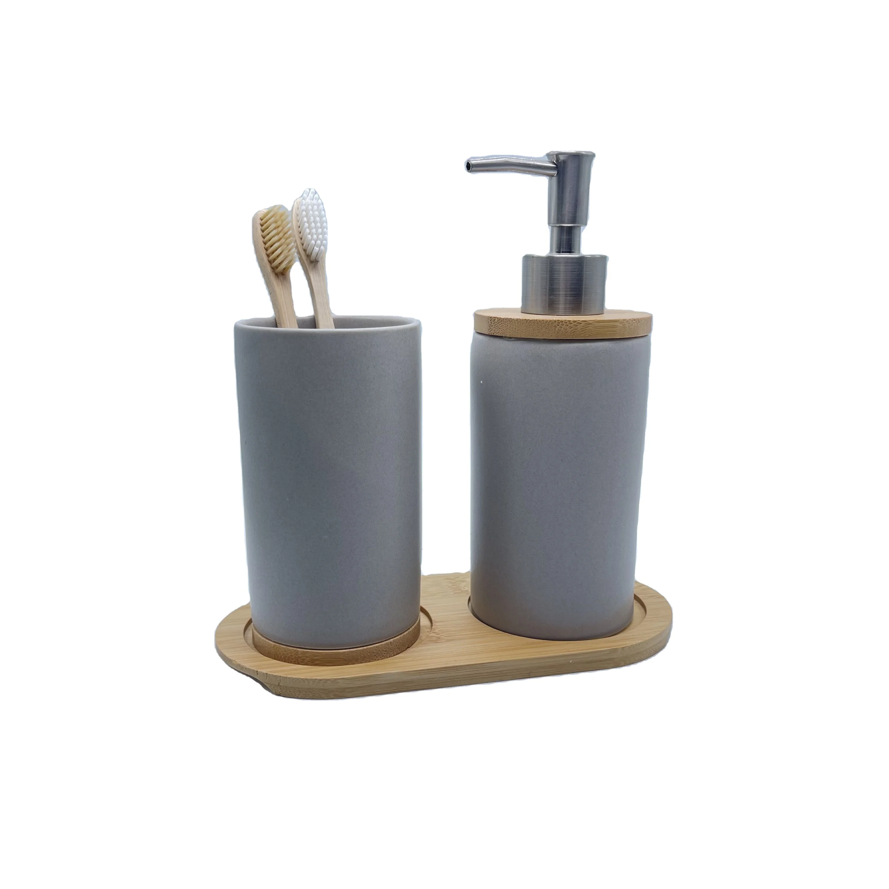 

Two-piece Set Toothbrush Holder White Ceramic Cup with Bamboo Mat Travel Bottle Bathroom Sets