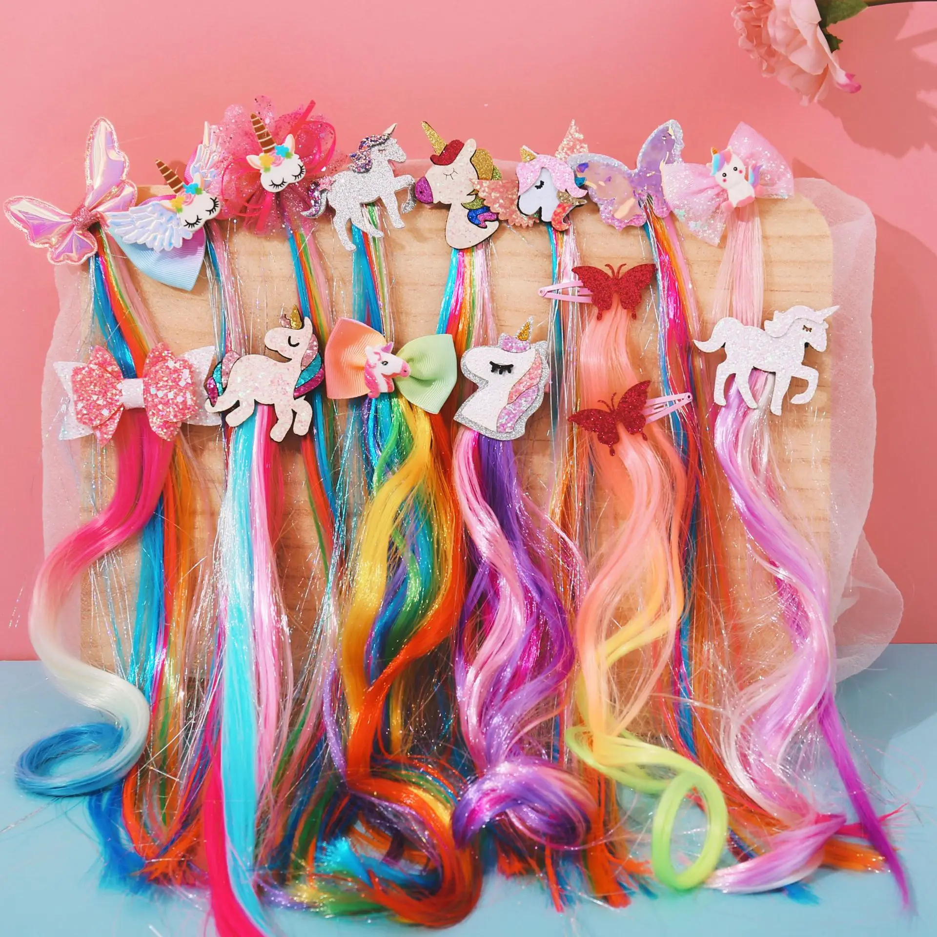 

Hot Selling Children Cute Bow Unicorn Straight Hair Ornament Colorful Wig Braid Hair Clip for girls