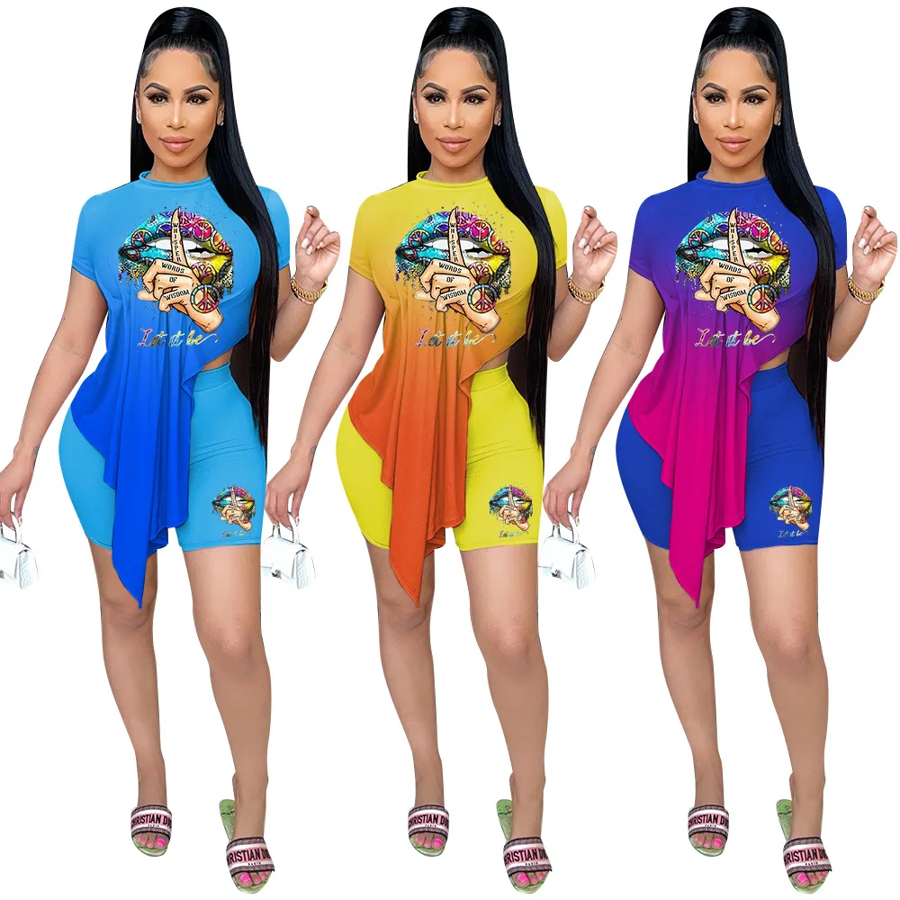 

Z49767 Casual Gradual Change Print O Neck Short sleeve top two piece short set women clothing