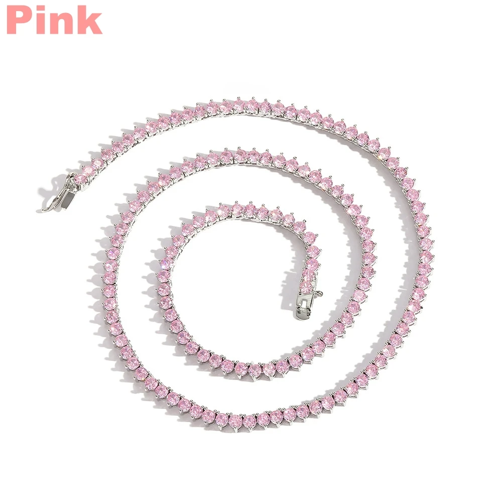 

Fashion Summer Jewelry Iced Out Diamond Colorful Women Necklace Icy Colored 3mm Pink Purple Green Yellow 3mm Prong Tennis chain
