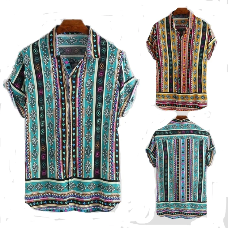 

Summer Men's Short Sleeve Print Wrap Casual Shirt Ethnic Style Loose Button Beach Shirt Top, Customed colors