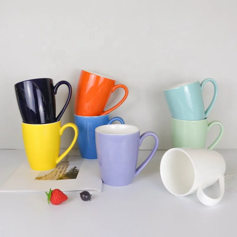 

Good Quality Pink Green Blue Yellow Sublimation Handle Color Heat Press 11oz Porcelain Mugs With Different Colors For Daily Life, As picture