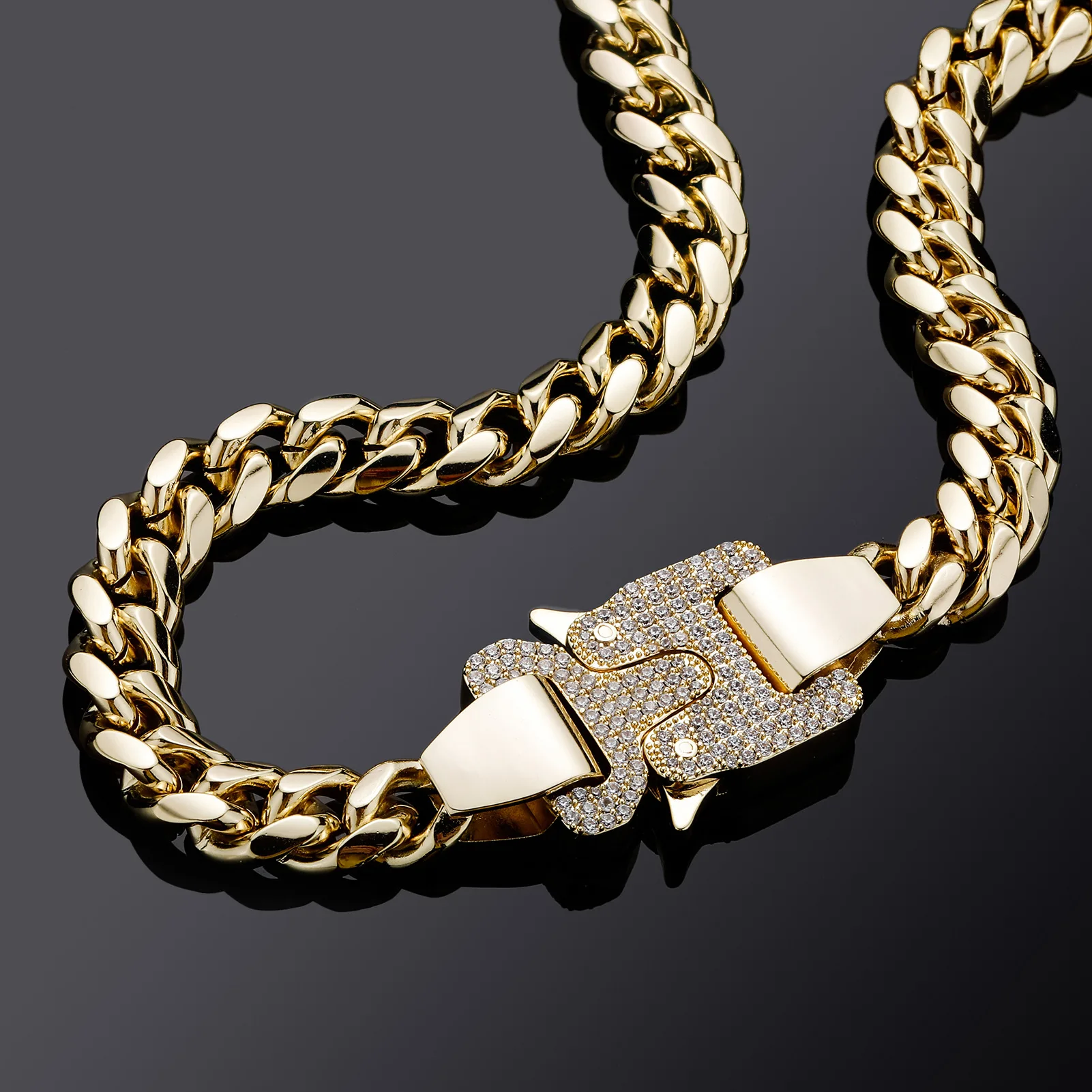 

12MM Glossy Cuban Chain Necklace Brass 14K Gold Plated Coaster Buckle 1017 men and women Harley Accessories